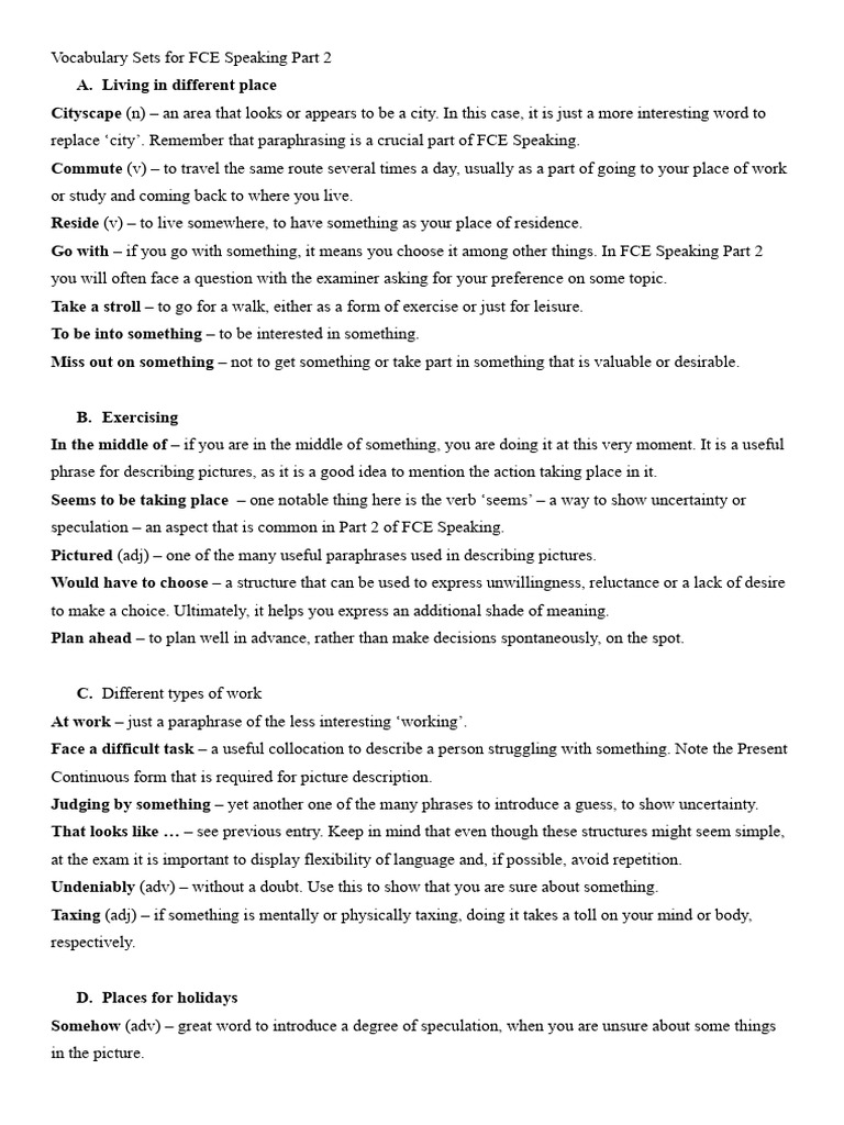 FCE Speaking Part 2 Vocabulary Guide | PDF