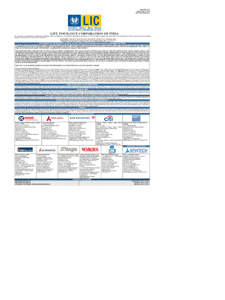 SEBI - Life Insurance Corporation of India - Prospectus | PDF