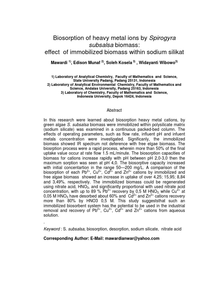 Biosorption of Heavy Metals by S. subsalsa | PDF | Science & Mathematics