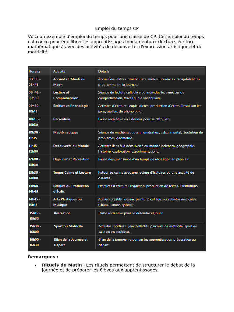 Emploi du temps équilibré pour CP | PDF