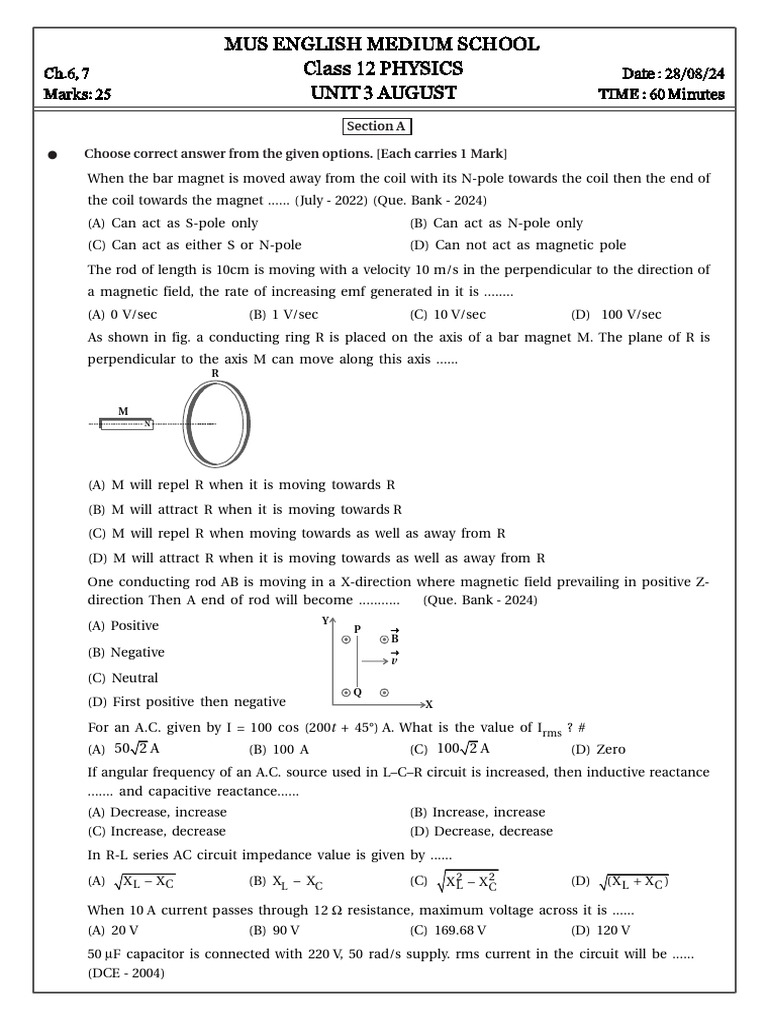 Class 12 Physics Exam Questions | PDF | Inductor | Science & Mathematics