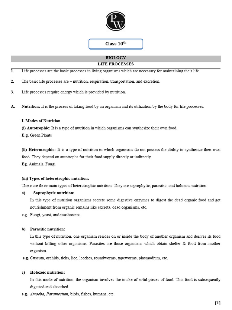 Life processes short notes pdf