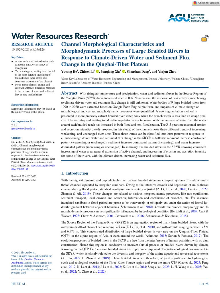 Water Resources Research - 2024 - He - Channel Morphological ...