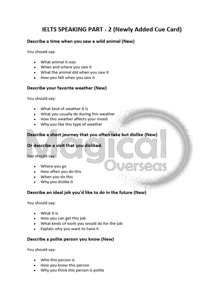Speaking Part Cue Cards Jan To April 2021 | PDF