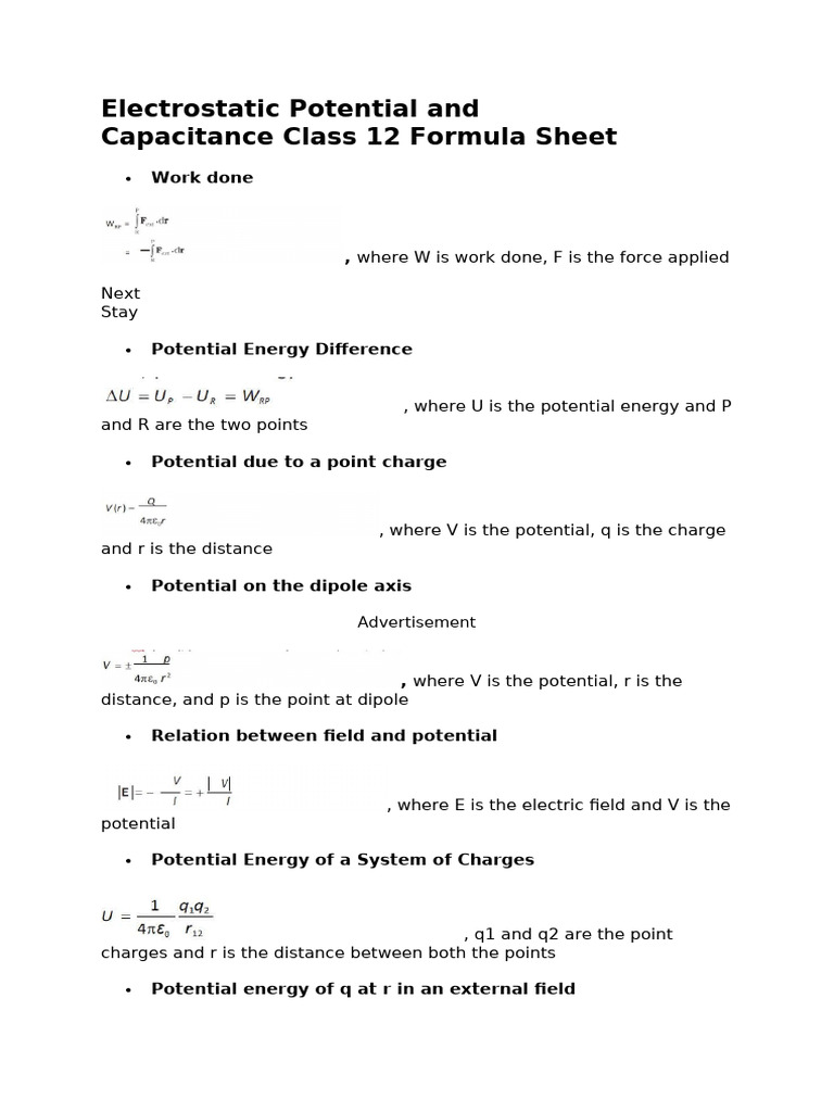 Electrostatic Potential and Capacitance Formula Sheet | PDF