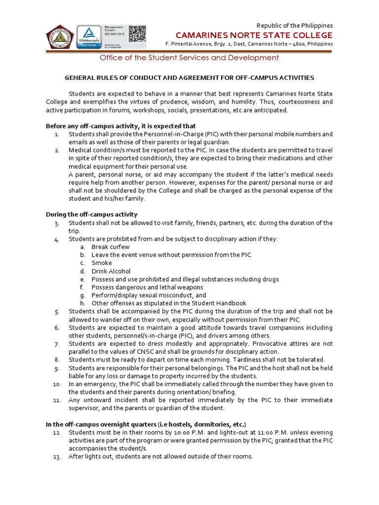 Rules of Conduct and Agreement For Off Campus Activity | PDF