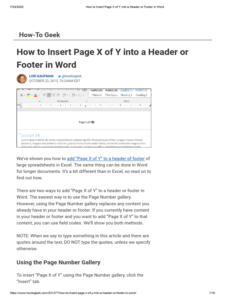 WORD-How To Insert Page X of Y Into A Header or Footer in Word | PDF