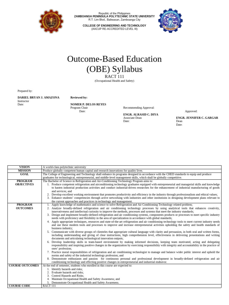 RACT 111 - Course Syllabus | PDF | Occupational Safety And Health ...