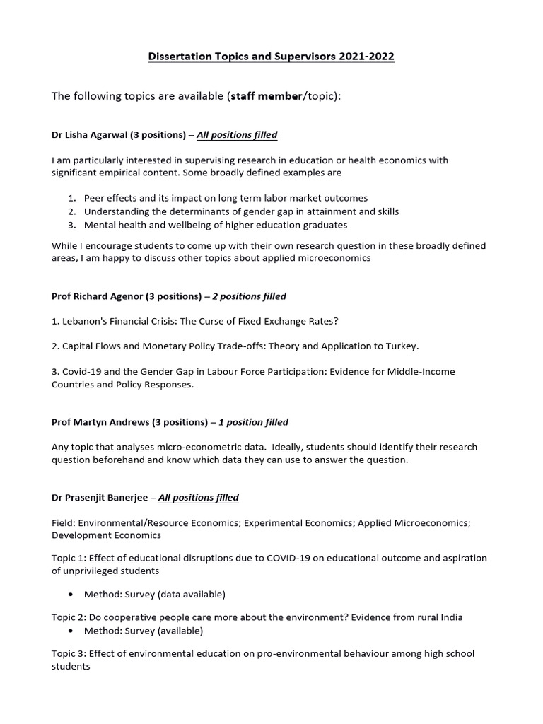 Dissertation Topics and Supervisor List 2021-2022 | PDF