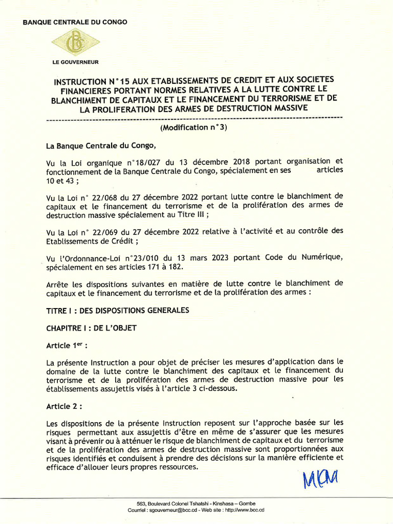 Instruction N 15 Portant Normes Relatives à La Lutte Contre Le