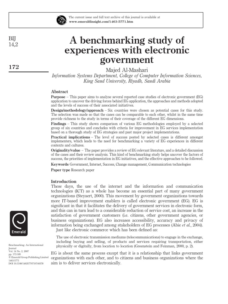 A Bench Marking Study of Experiences With Electronic Government PDF