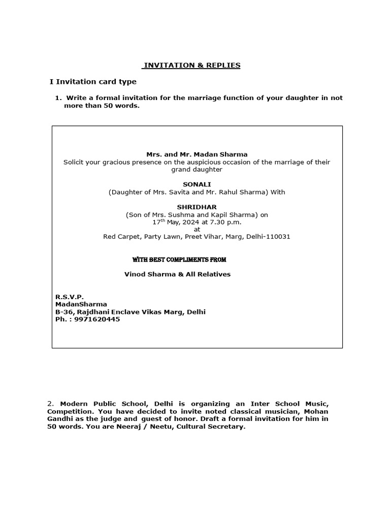Class 12 Invitation Examples