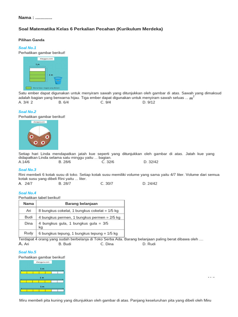 Latihan Soal Matematika Kelas 6 Perkalian Pecahan | PDF