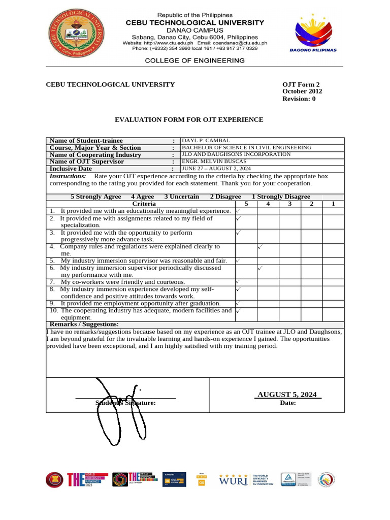 Dayl Evaluation Form For Ojt Experience | PDF