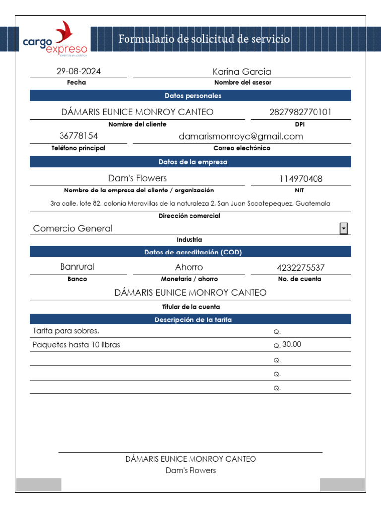 Formulario Nuevo Cliente Dámaris Eunice Monroy Canteo | PDF | Tarjeta ...