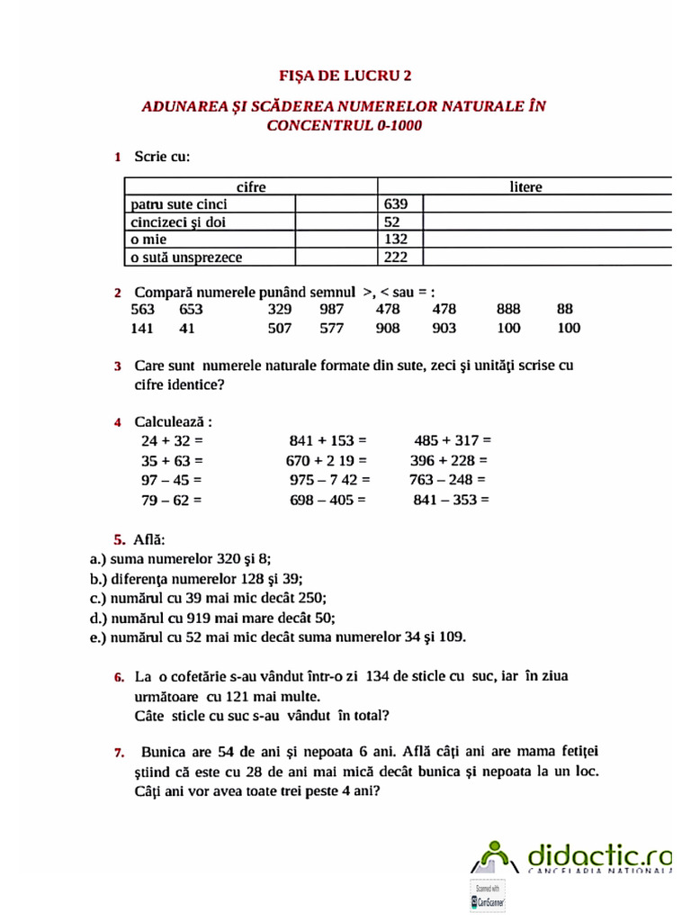 Fisa de Lucru - Adunări Și Scăderi 0-1000 | PDF