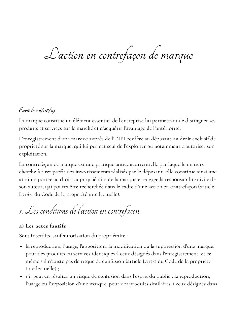 L'Action en Contrefaçon de Marque - DFM Avocat | PDF