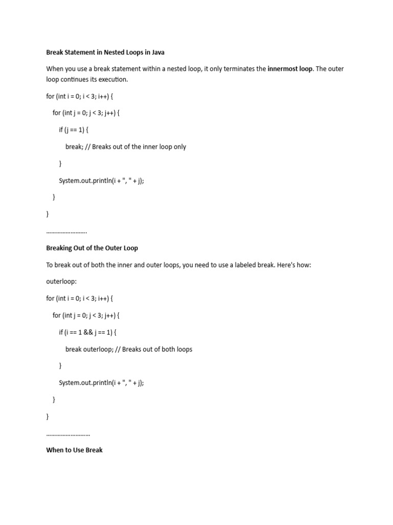 Break Statement and Continue Statement in Nested Loops in Java | PDF
