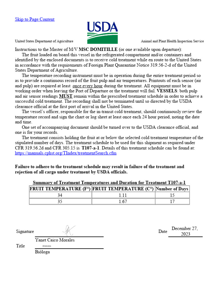 USDA Cold Treatment Instructions for Fruit | PDF