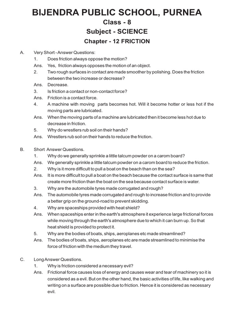 Class 8 Subject Science Chapter 12 Friction | PDF