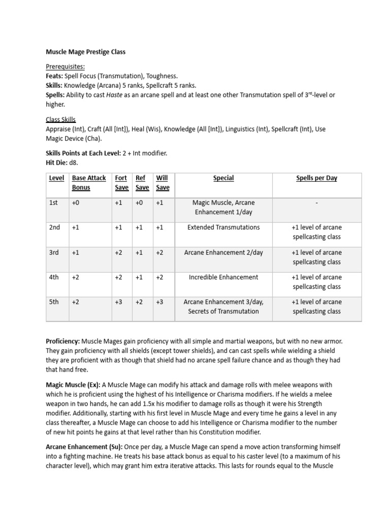 Muscle Mage PRC | PDF | Fantasy Role Playing Games | Dungeons & Dragons