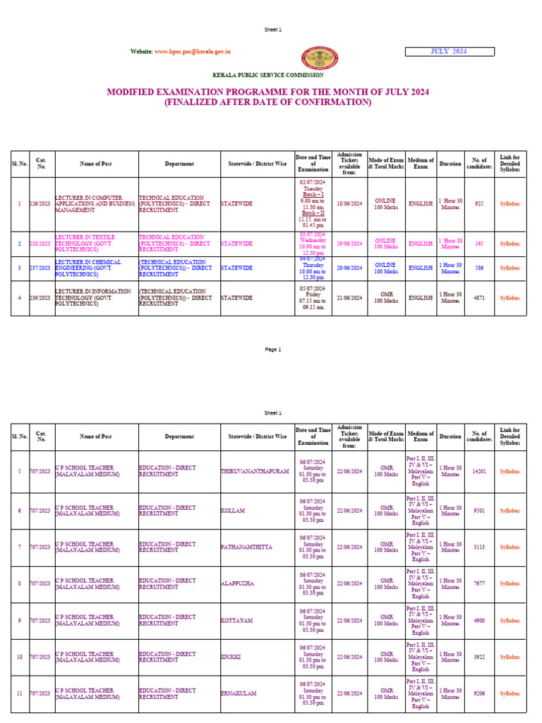 Exam Programme July 2024 After Confirmation | PDF