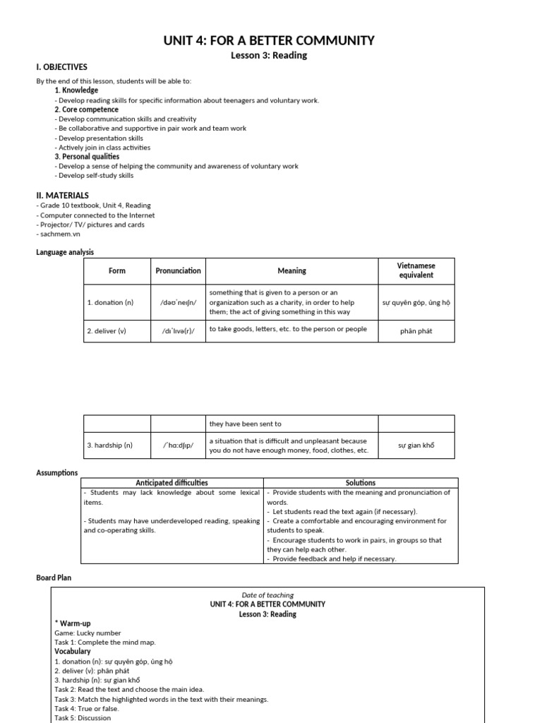 GA Tieng Anh 10 Global Unit 4 FOR A BETTER COMMUNITY | PDF