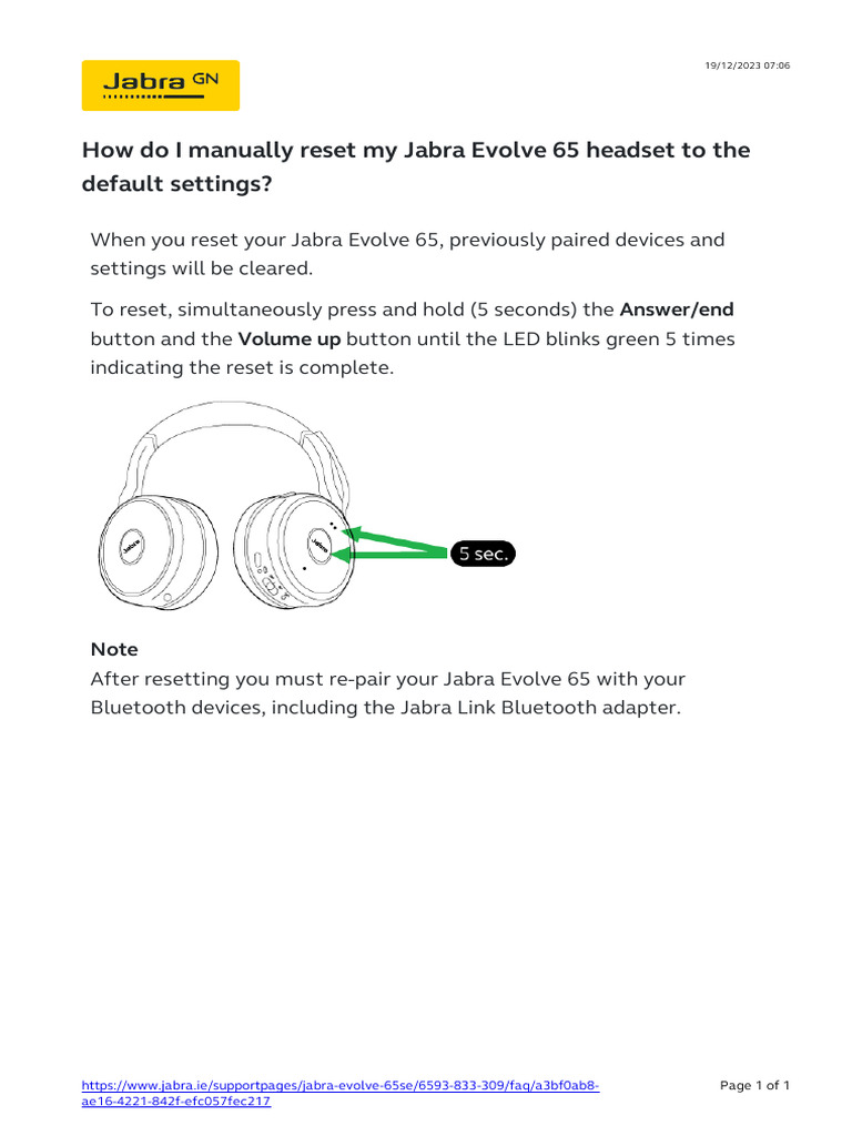 Resetting Jabra Evolve 65 Headset | PDF | Computers