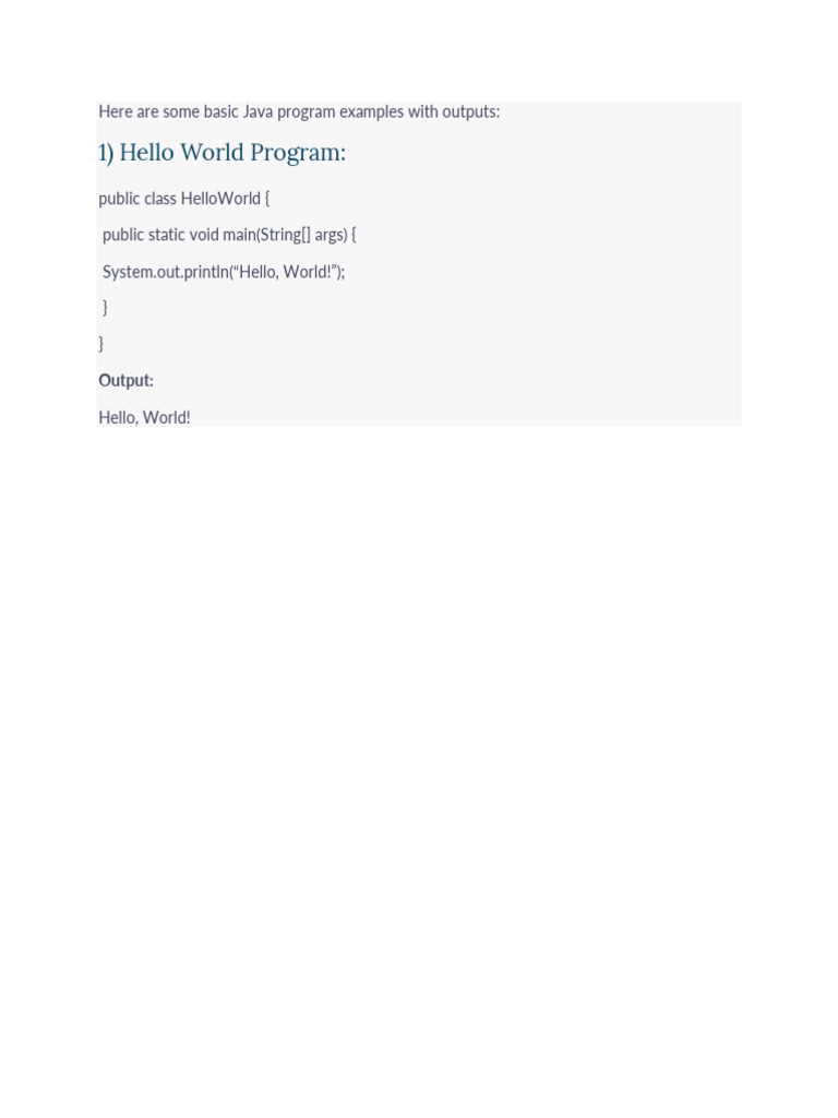 1) Hello World Program:: Here Are Some Basic Java Program Examples With ...