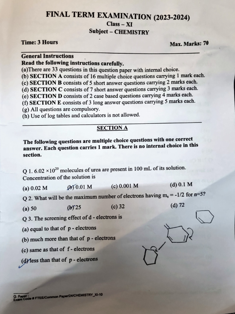 Class XI NCERT Chemistry Exam Paper | PDF | Chemical Reactions ...