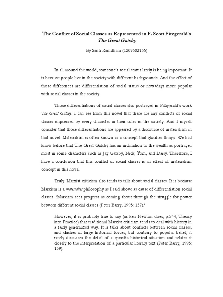 Analysis Od Social Class in Fitzgerald's The Great Gatsby The Great