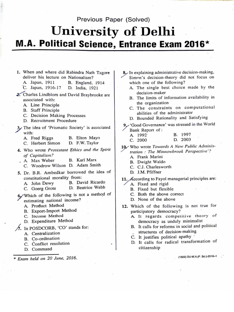 DU M.A. Political Science Entrance 2016 | PDF | Political Science ...