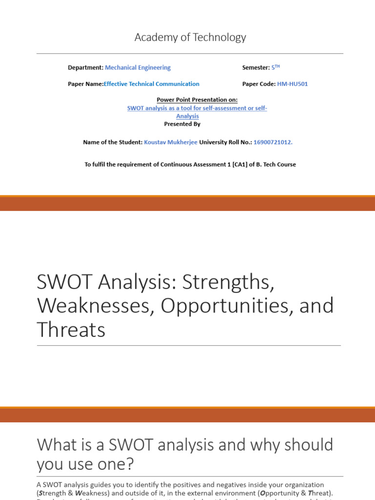 SWOT Analysis for Self-Assessment Guide | PDF | Swot Analysis | Business