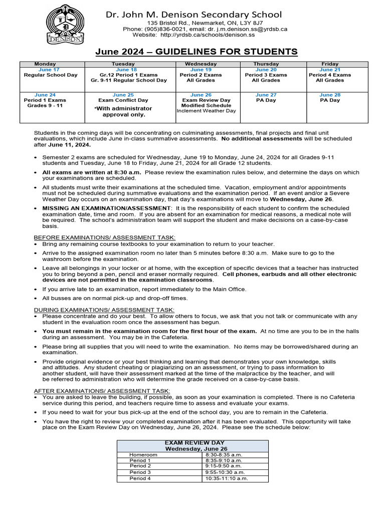 Denison School June 2024 Exam Guidelines | PDF | Teachers | Learning