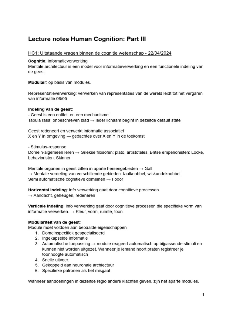 Part III - Lecture Notes Human Cognition | PDF