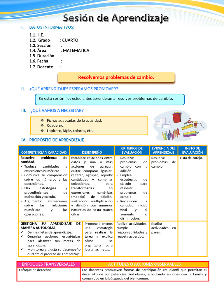 D5 A1 SESION MAT. Resolvemos Problemas de Cambio | PDF