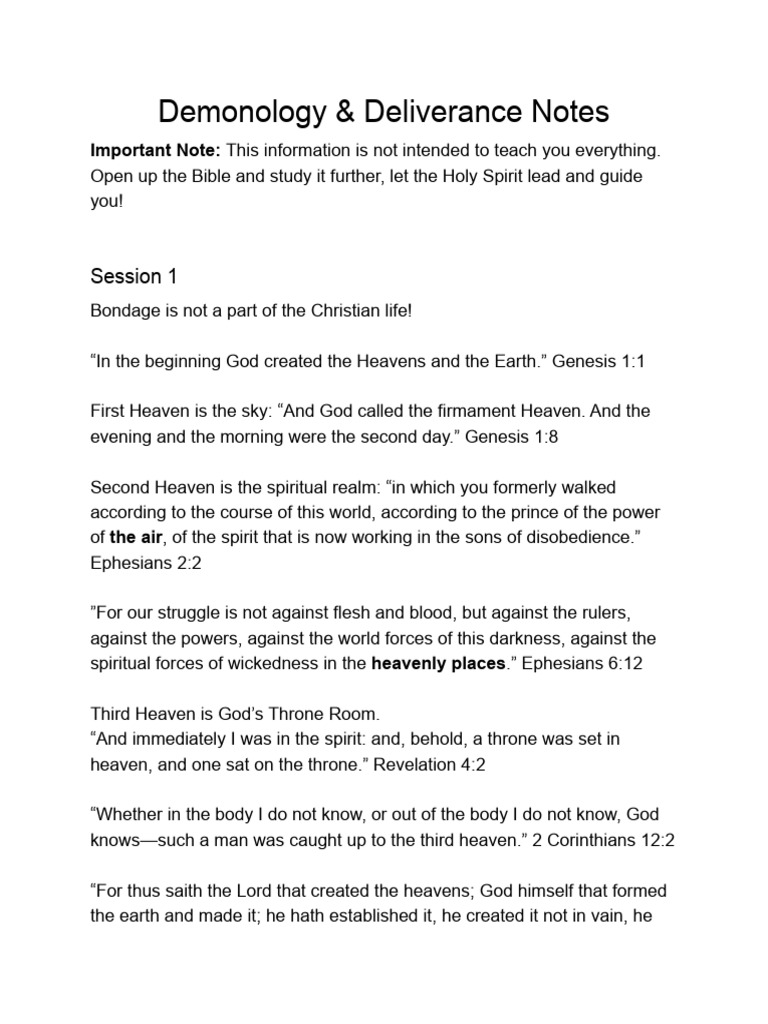 Demonology Deliverance Notes | PDF | Satan | Religion & Spirituality