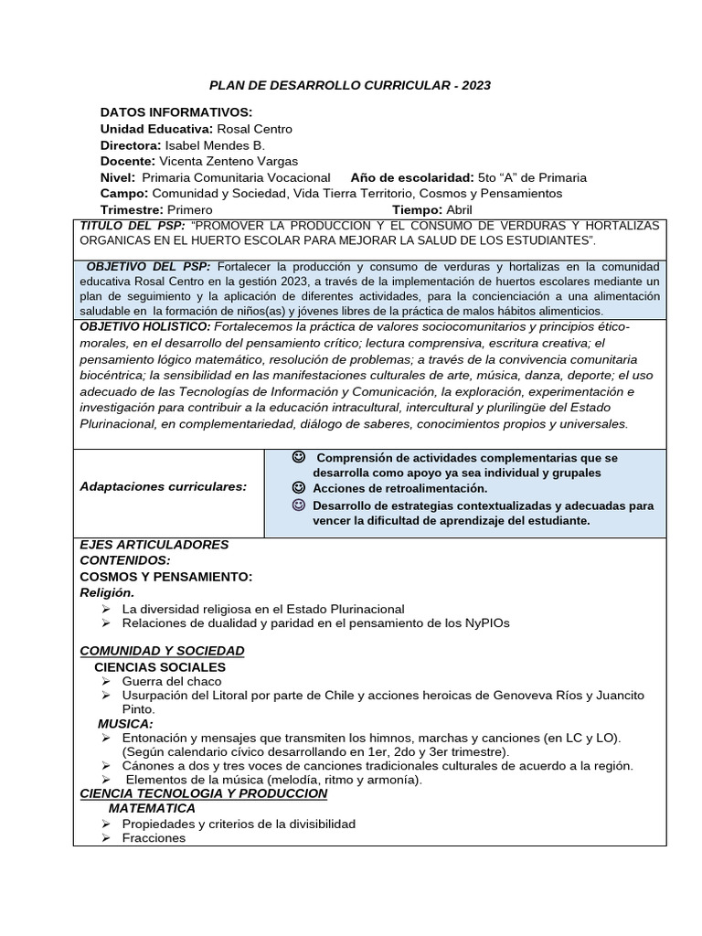 PDC 5to de Primaria 2023 Lic. Vicenta Zenteno Vargas | PDF