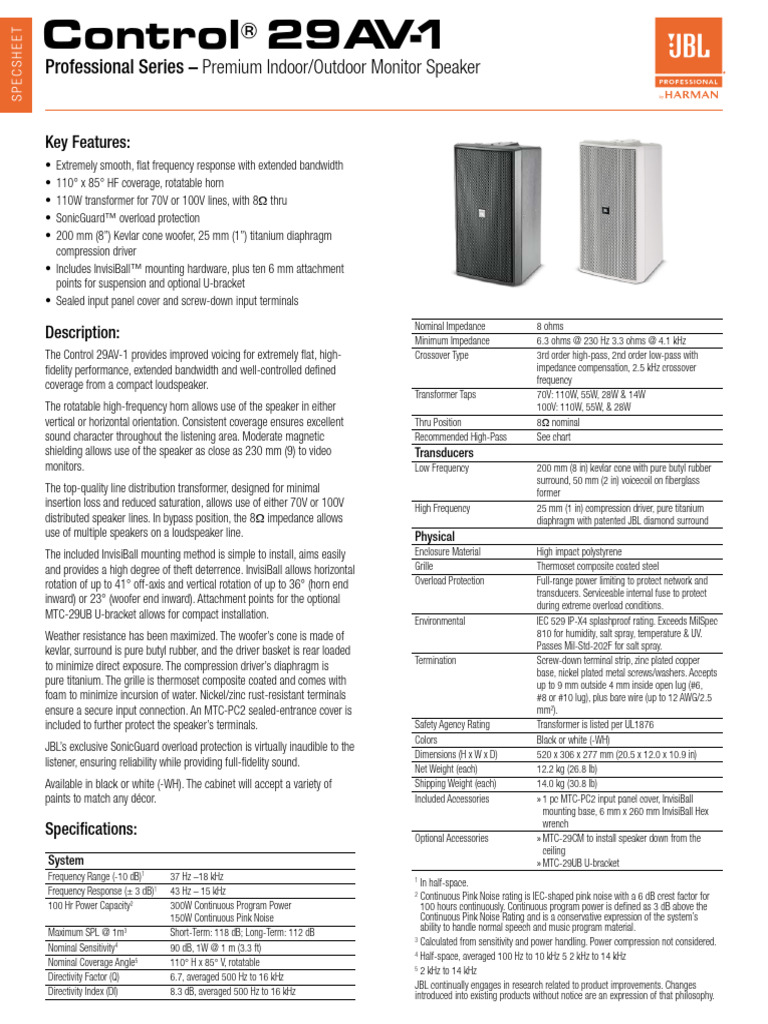 JBL Control 29AV-1 Spec Sheet | PDF | Loudspeaker | Transformer