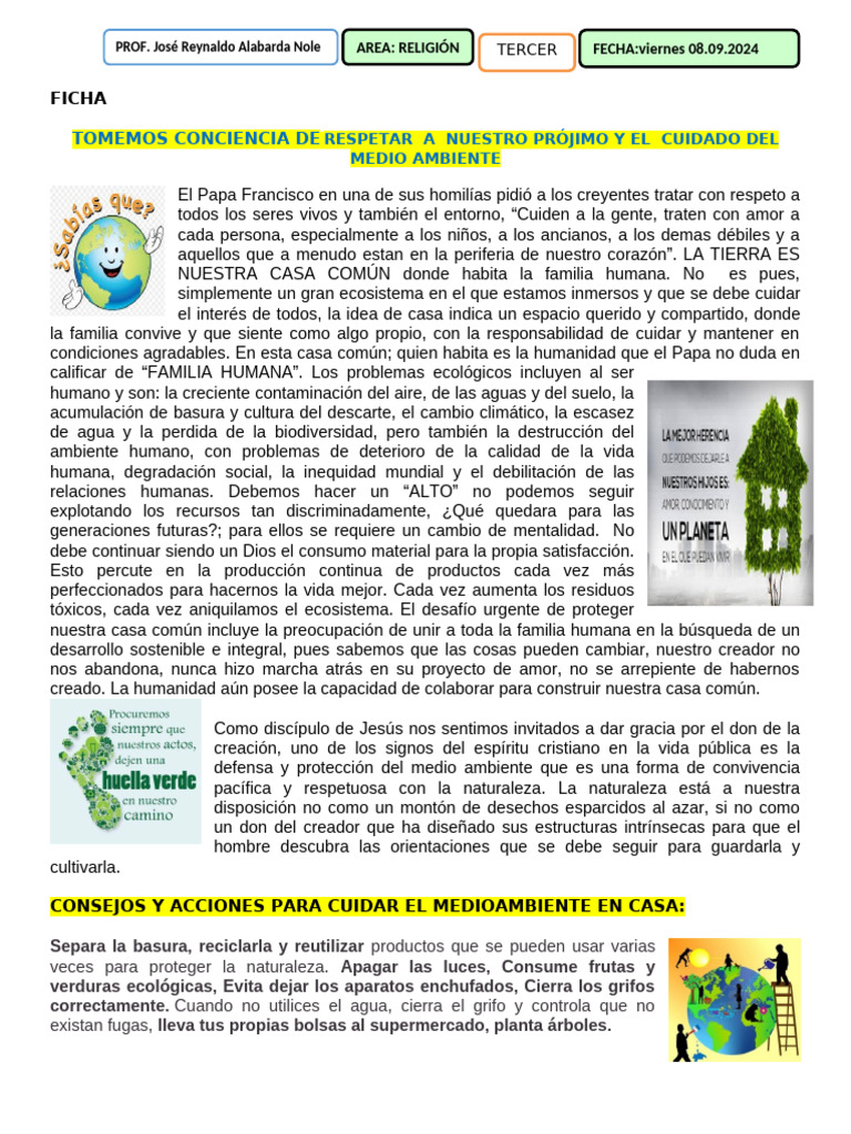 Cuidado del Medio Ambiente: Ficha Informativa | PDF | Residuos | Hogar ...