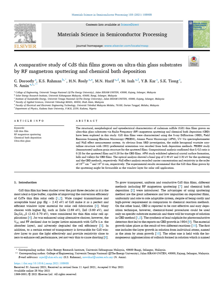 A Comparative Study of CDS Thin Films Grown On Ultra-Thin Glass ...