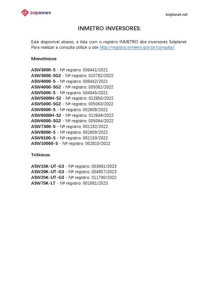 Lista Inmetro Solplanet | PDF
