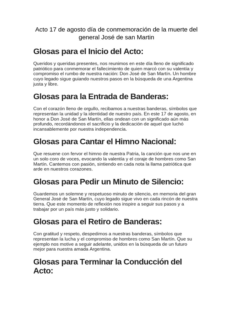 Acto 17 de Agosto Día de Conmemoración de La Muerte Del General José de ...