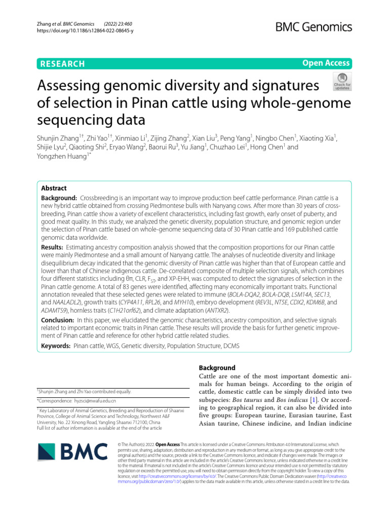 Assessing Genomic Diversity and Signatures of Selection in Pinan Cattle ...
