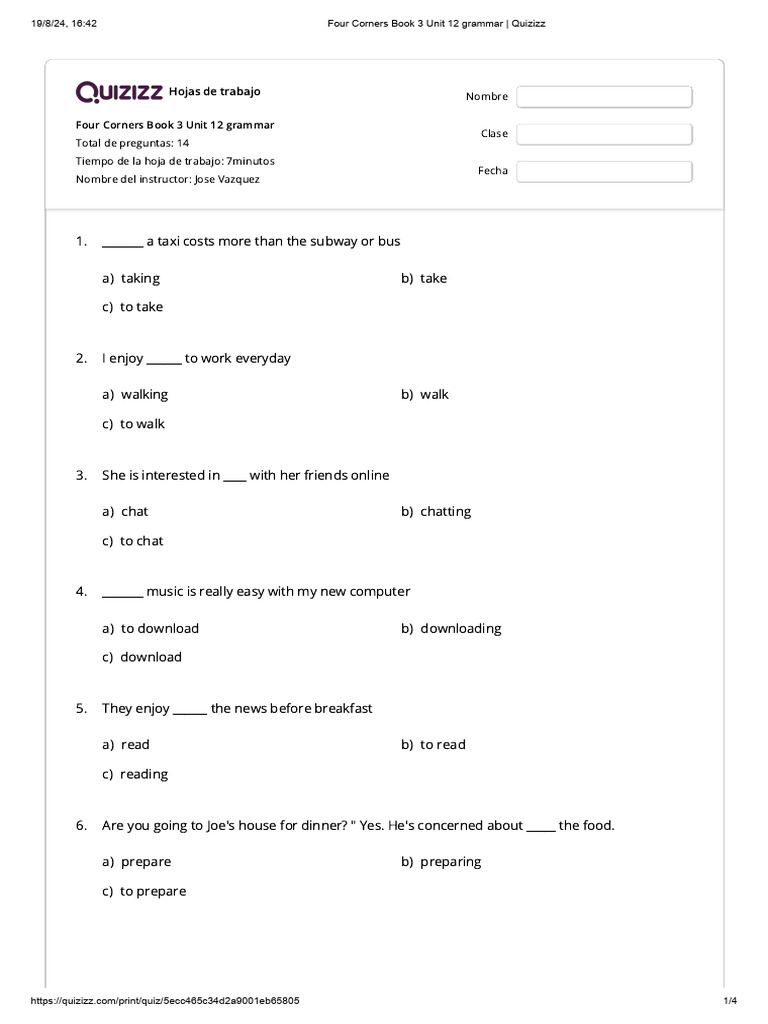 Four Corners 3 Unit 12 Grammar Quiz | PDF