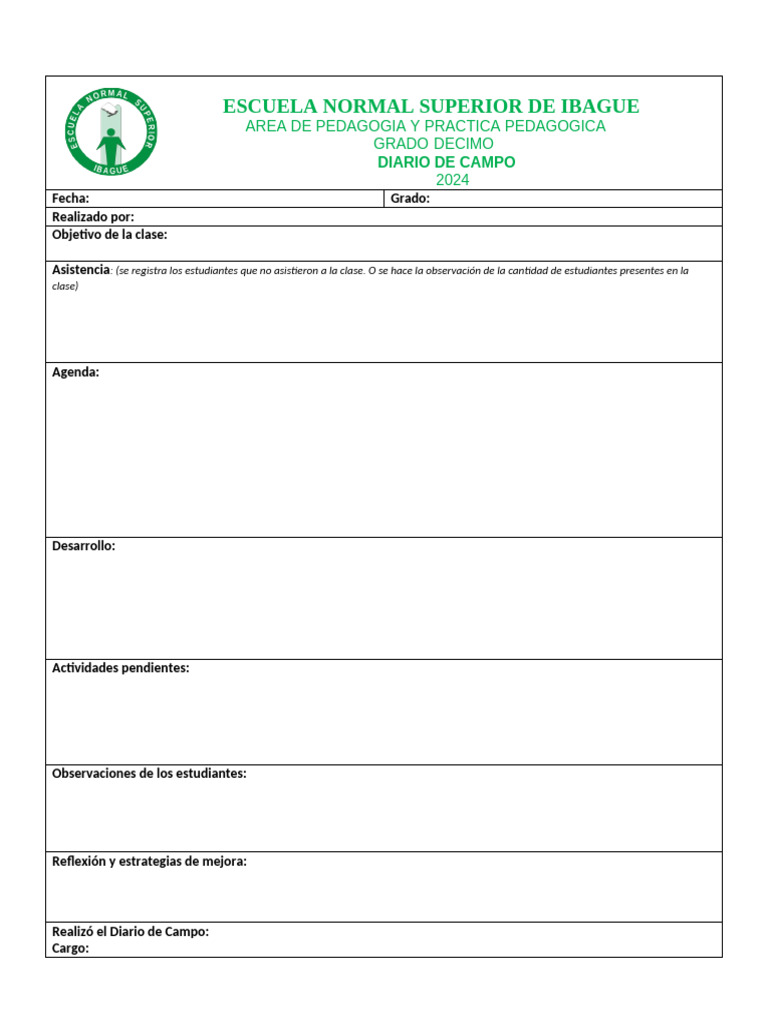 Diario de Campo - Escuela Normal Superior de Ibague - 2024 | PDF