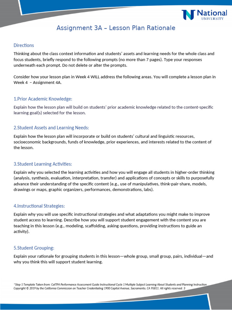 Assignment 3A - Lesson Plan Rationale - Instructions | PDF | Lesson ...