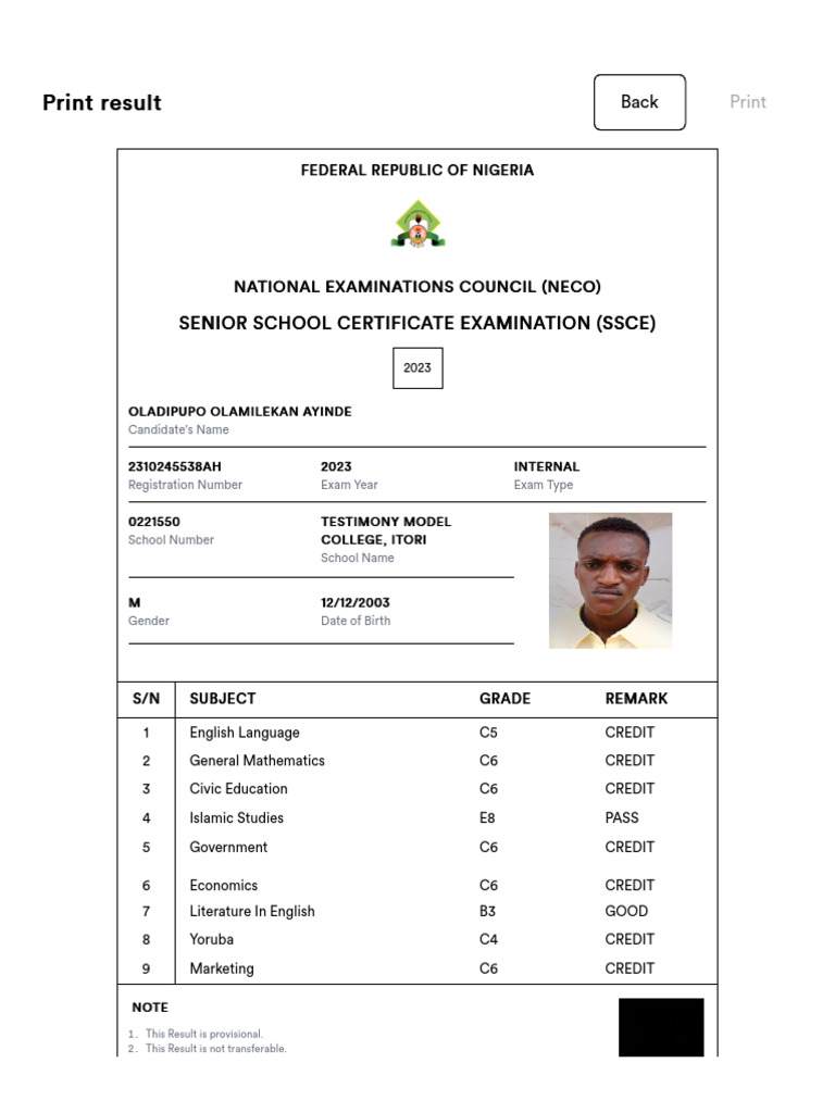 NECO Results Portal PDF