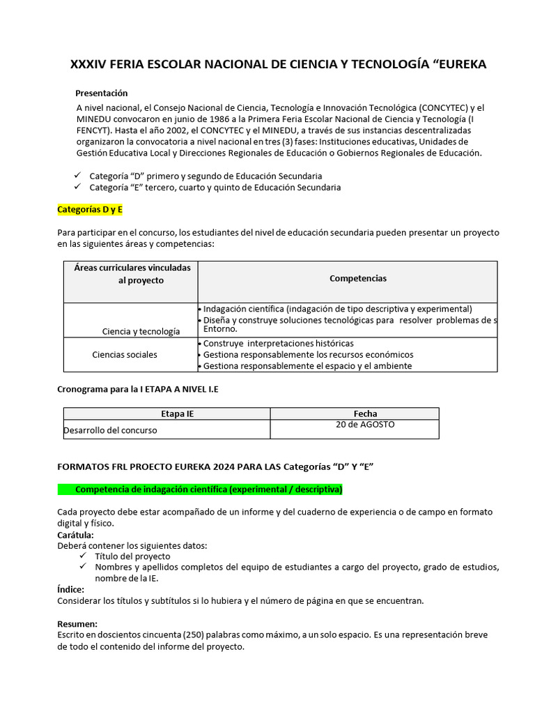 Xxxiv Feria Escolar Nacional de Ciencia y Tecnología-2024 | PDF
