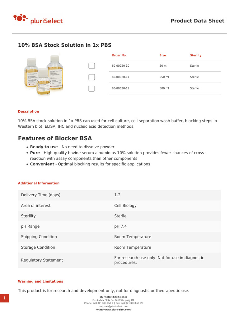 10 BSA Stock Solution in 1x PBS | PDF